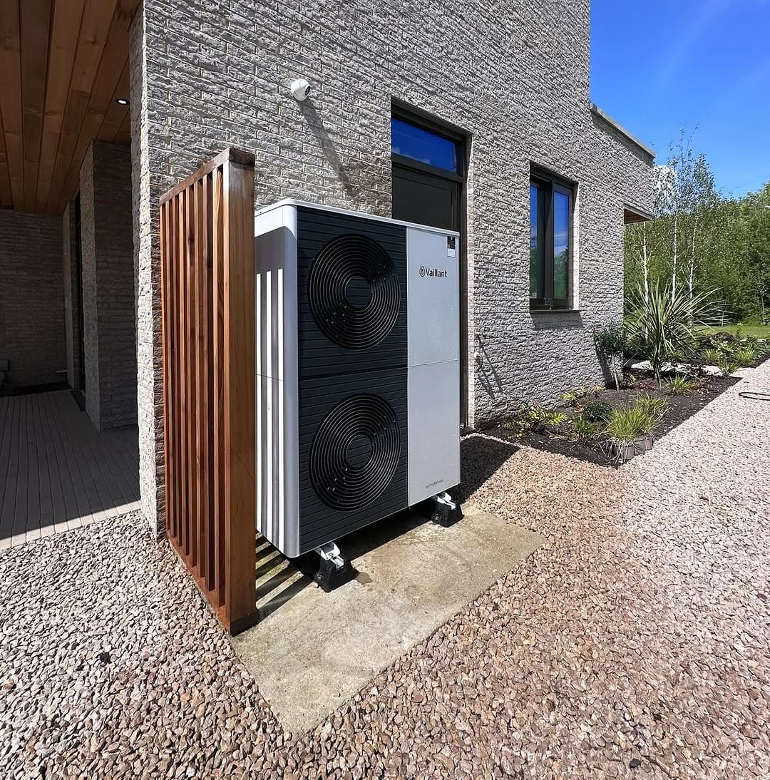 Vaillant Arotherm 12kW air source heat pump installed beside timber slats