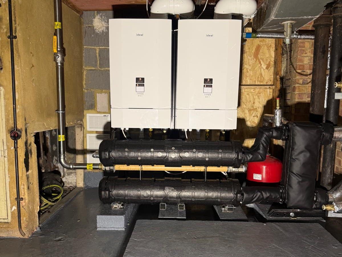 Two Ideal Evomax commercial boilers in cascade installed by Spitfire Commercial in a Brighton synagogue