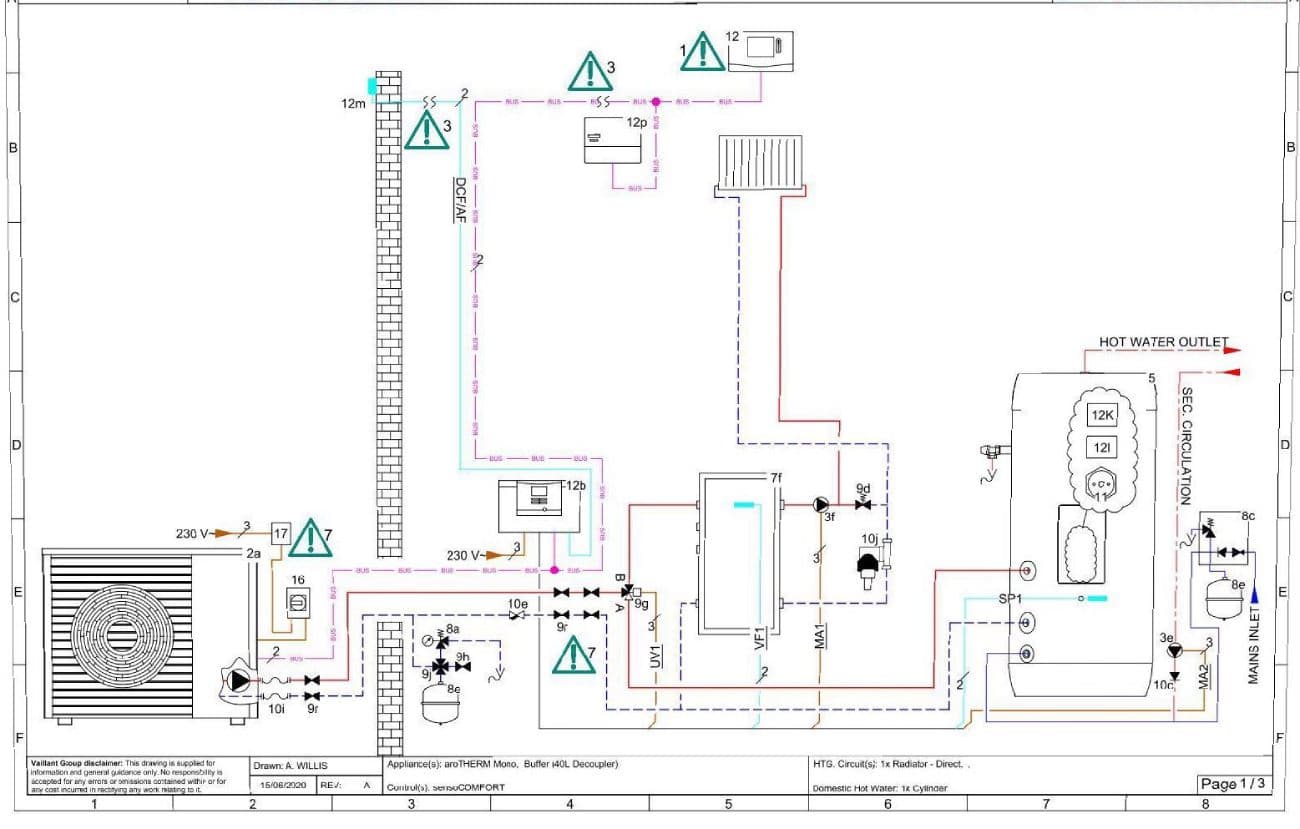 Commercial heating schematic with plant, cylinders and distribution marked up
